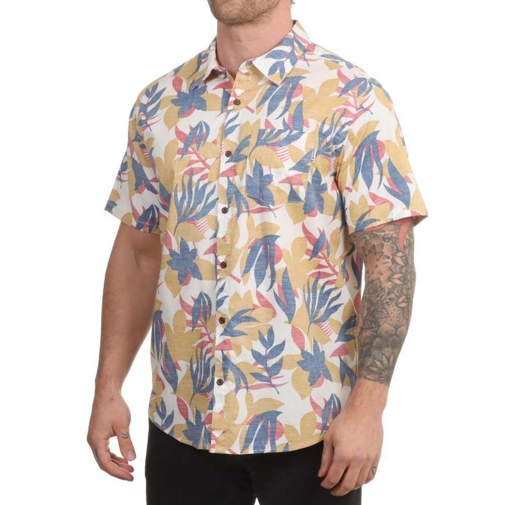 Hurley Mens Aticama Printed SS Woven Shirt Bone Tropical Floral Stretch M